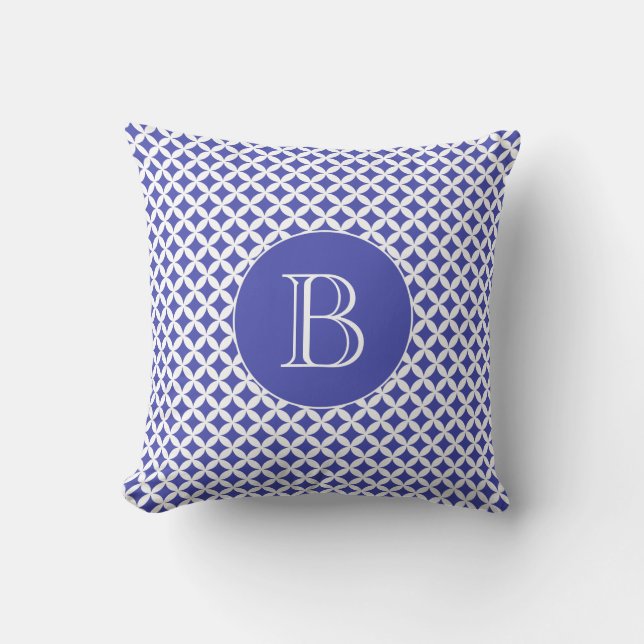 Royal Blue Geometric Pattern Custom Monogram Throw Pillow (Front)