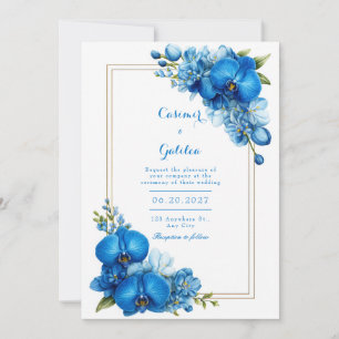 Royal Blue Gilded Botanical Orchid Wedding Invitation