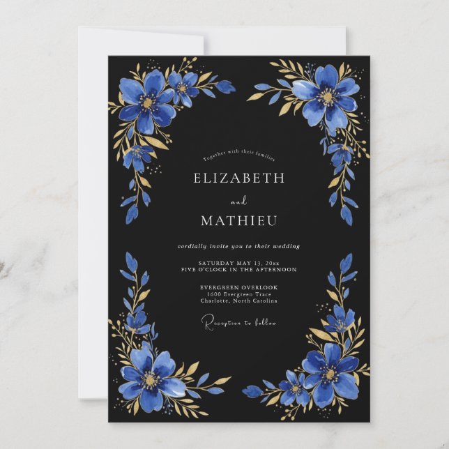 Royal Blue Gilded Evening Wedding Invitation (Front)