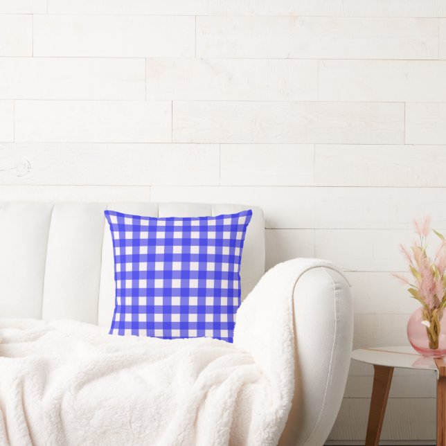 Royal Blue Gingham Basic Checkered Pattern Throw Pillow (Couch)