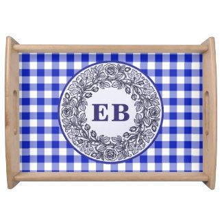 Royal Blue Gingham Rose Monogram Wedding Decor Serving Tray