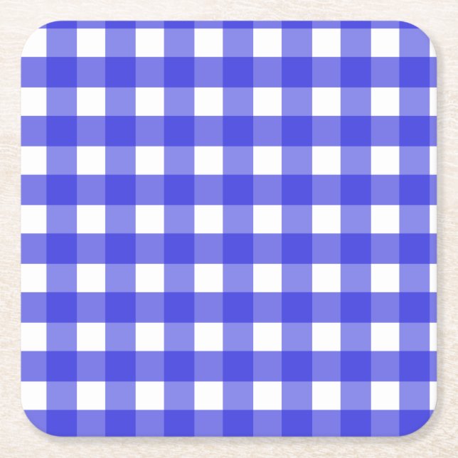 Royal blue gingham square paper coaster (Front)