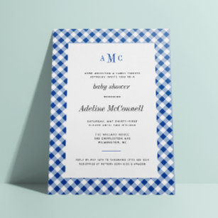 Royal Blue Gingham Traditional Baby Shower Invitation