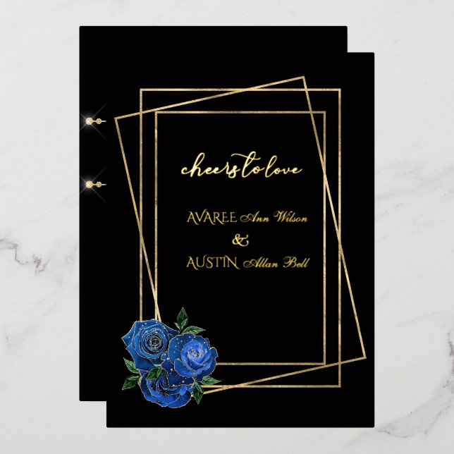 Royal Blue Glam Roses and Black and Gold  Foil Invitation (Front/Back)