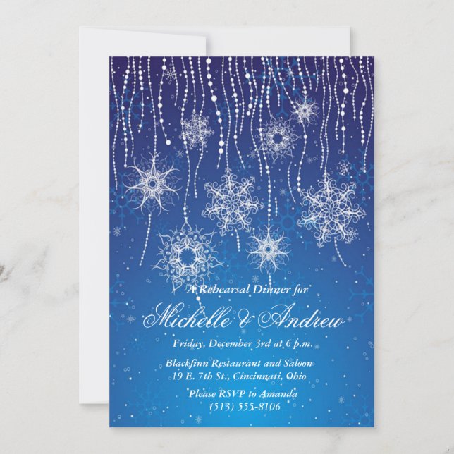 Royal Blue Glam Snowflakes Winter Dinner Party Invitation (Front)
