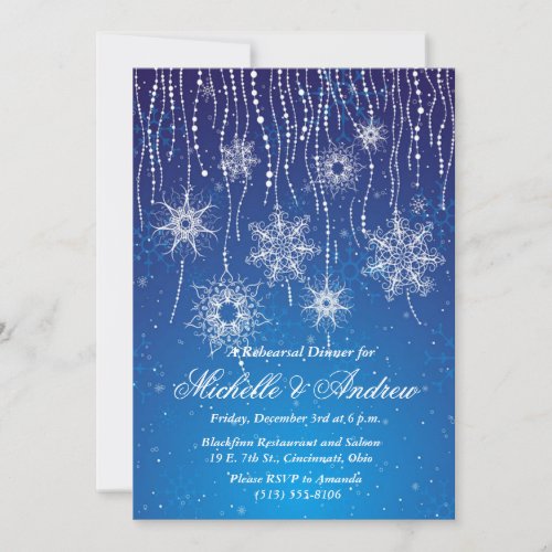 Royal Blue Glam Snowflakes Winter Dinner Party Invitation