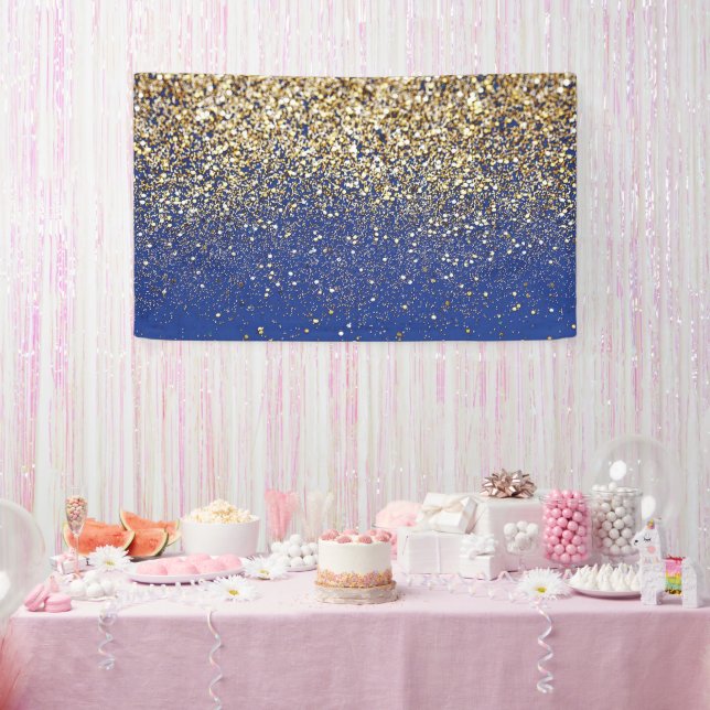 Royal Blue Glitter Backdrop Birthday Gold Spots  Banner (Party)