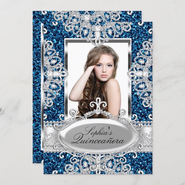 Royal Blue Glitter Diamond Glamour Quinceanera Invitation (Front/Back)