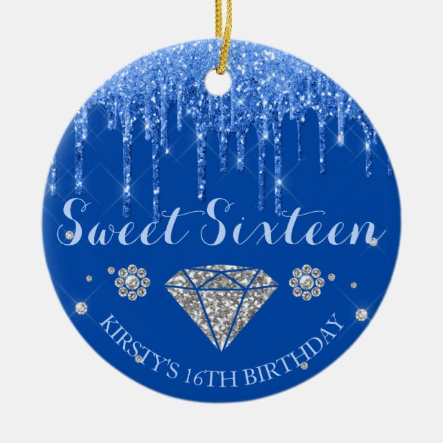 Royal Blue Glitter Drip Diamond Sweet Sixteen Ceramic Ornament (Front)