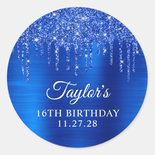 Royal Blue Glitter Drips 16th Birthday Classic Round Sticker