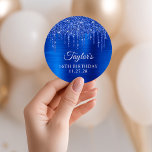 Royal Blue Glitter Drips 16th Birthday Classic Round Sticker<br><div class="desc">Create your own 16th birthday party decorative rounded corner square stickers for your envelop seals.
Girly faux sparkly royal blue dripping glitter over faux metallic foil.
Customize the font styles to create your own design for her special celebration.
A classic elegant calligraphy paired with an all caps serif font.</div>