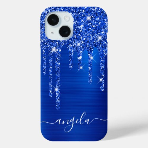 Royal Blue Glitter Drips Glam Girly Signature iPhone 15 Case