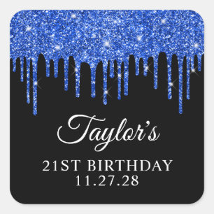 Royal Blue Glitter Drips on Black 21st Birthday Square Sticker