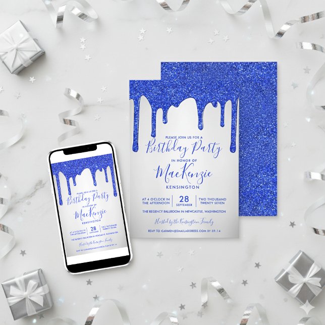 Royal Blue Glitter Drips Silver Metallic Birthday Invitation (Royal Blue Glitter Drips Silver Metallic Birthday Invitations)