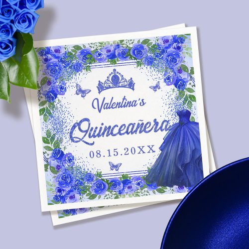 Royal Blue Glitter Floral Quinceanera Party Napkins