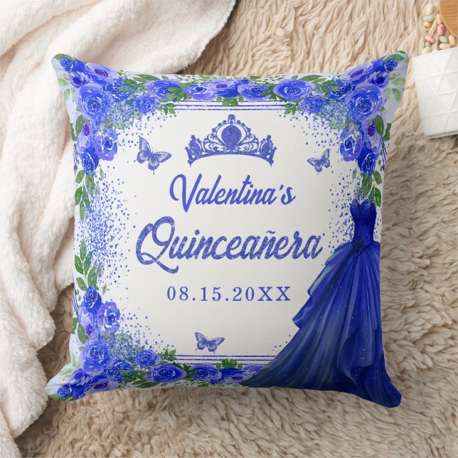 Royal Blue Glitter Floral Quinceanera Party Throw Pillow (Blanket)