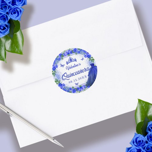 Royal Blue Glitter Floral Sparkle Quinceanera Classic Round Sticker