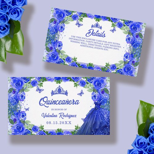 Royal Blue Glitter Floral Sparkle Quinceanera Enclosure Card