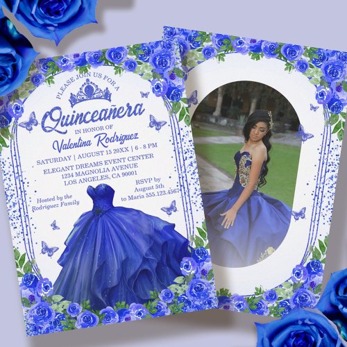 Royal Blue Glitter Floral Sparkle Quinceanera Invitation