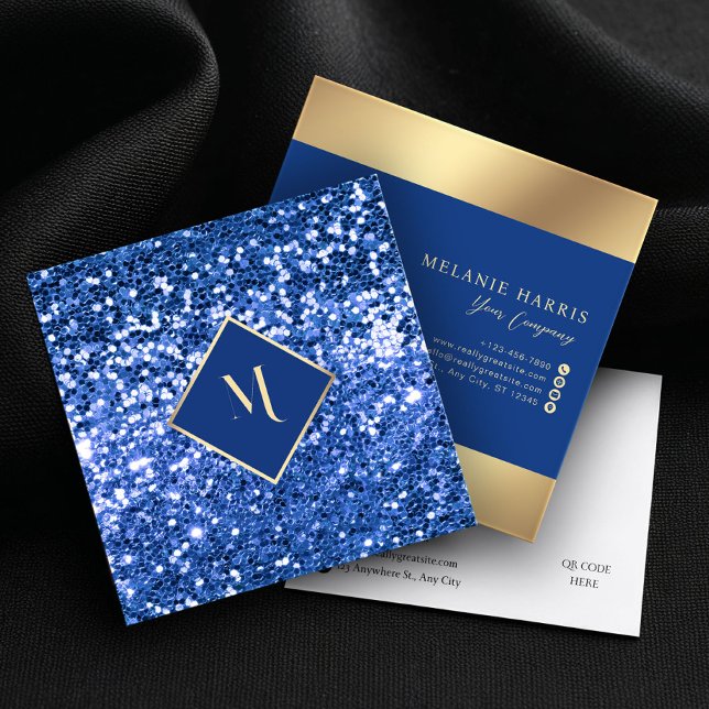 Royal Blue Glitter Geometric Gold Frame Stylish Square Business Card (Creator Uploaded)