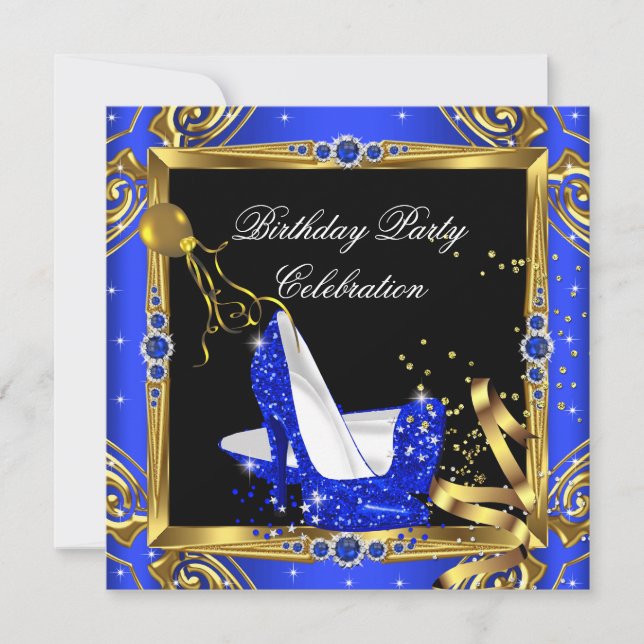 Royal Blue Glitter High Heel Shoes Gold Black Invitation (Front)