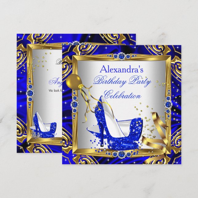 Royal Blue Glitter High Heel Shoes Gold White Silk Invitation (Front/Back)
