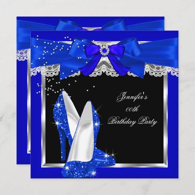 Royal Blue Glitter High Heel Silver Birthday Party Invitation (Front/Back)