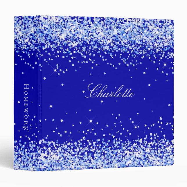 Royal blue glitter sparkles name script 3 ring binder (Front/Spine)
