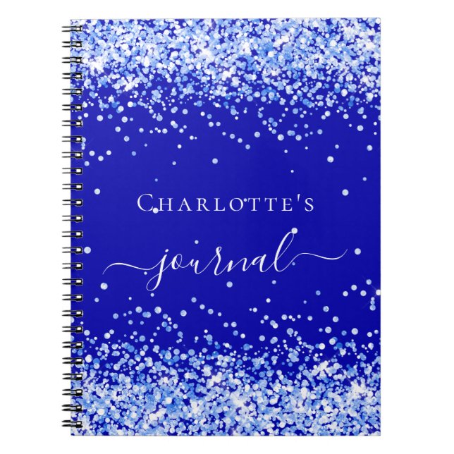 Royal blue glitter sparkles name script notebook (Front)