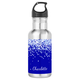 Royal blue glitter sparkles name script stainless steel water bottle