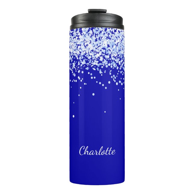 Royal blue glitter sparkles name script thermal tumbler (Front)