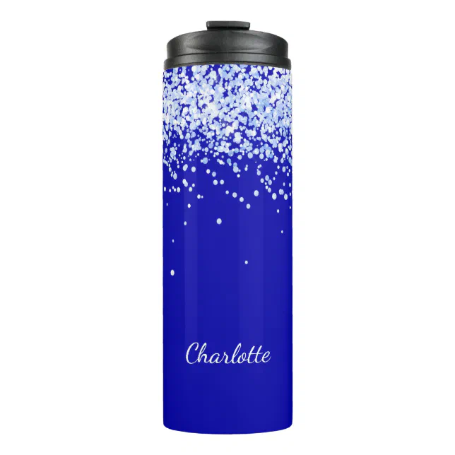 Royal blue glitter sparkles name script thermal tumbler Zazzle