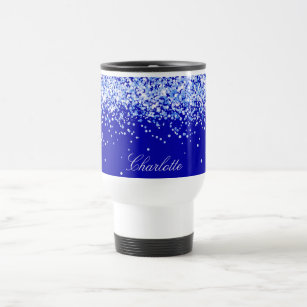 Royal blue glitter sparkles name script travel mug