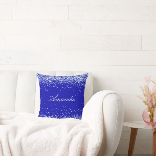 Royal blue glitter sparkles name throw pillow