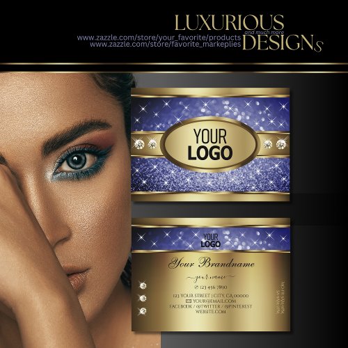 Royal Blue Glitter Stars Diamonds and Logo Gold Business Card