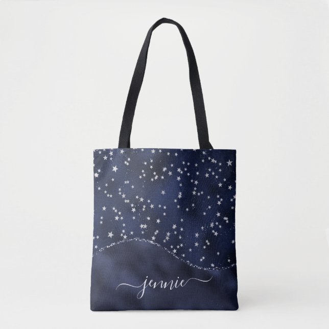 Royal Blue Glitter Stars Glam Wave Personalized Tote Bag (Front)
