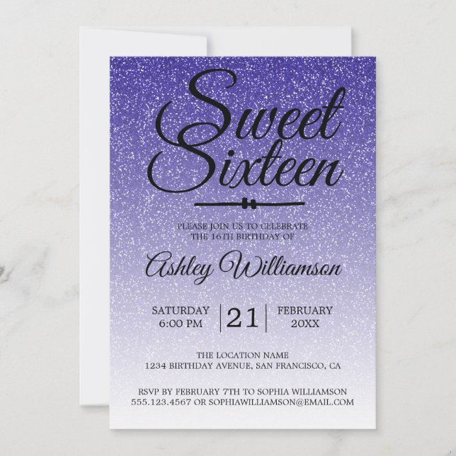 Royal Blue Glitter Sweet Sixteen 16th Birthday Invitation (Front)
