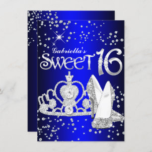 Royal Blue Glitter Tiara & Heels Sweet 16 Invite