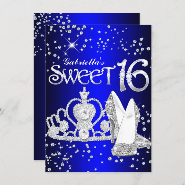 Royal Blue Glitter Tiara & Heels Sweet 16 Invite (Front/Back)