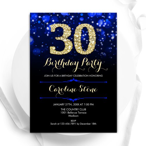 Royal Blue Gold 30th Birthday Invitation