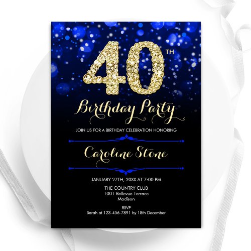 Royal Blue Gold 40th Birthday Invitation