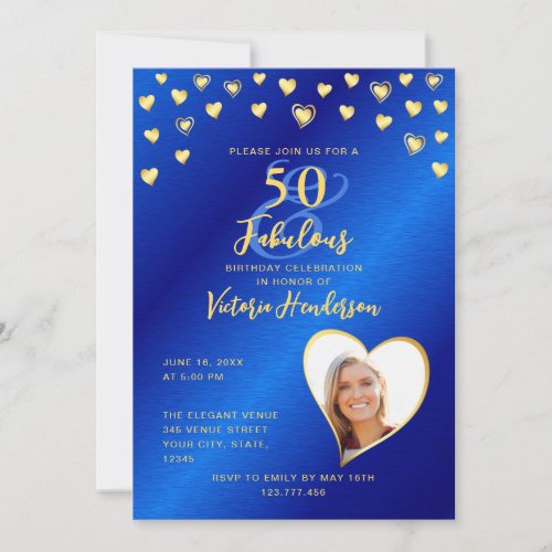 Royal Blue  Gold 50 and Fabulous Birthday Invitation