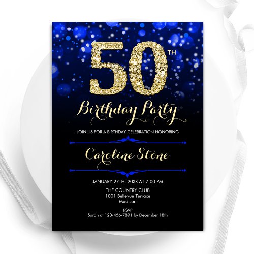 Royal Blue Gold 50th Birthday Invitation