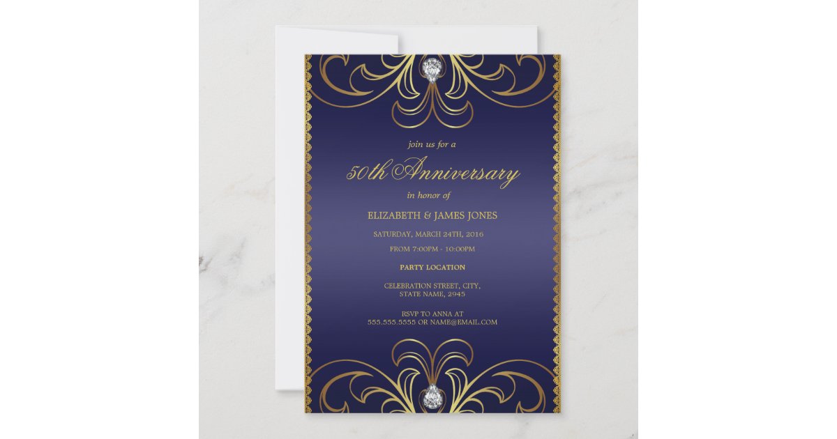 Royal Blue & Gold 50th Wedding Anniversary Invite | Zazzle