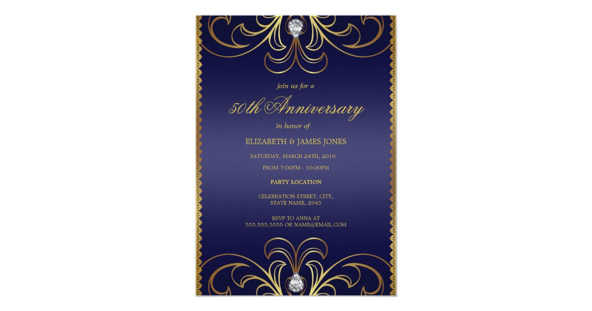 Royal Blue & Gold 50th Wedding Anniversary Invite | Zazzle.com