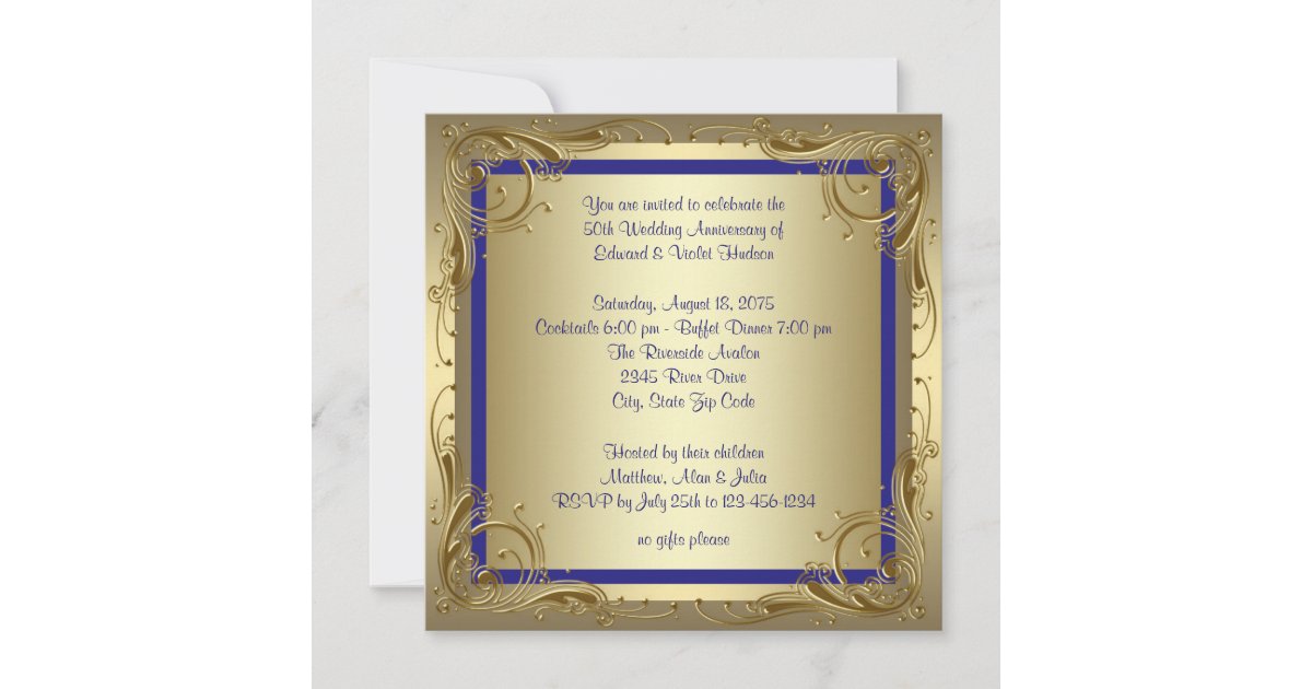 Royal Blue Gold 50th Wedding Anniversary Party Invitation | Zazzle