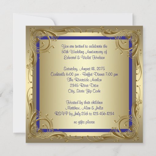 Royal Blue Gold 50th Wedding Anniversary Party Invitation | Zazzle