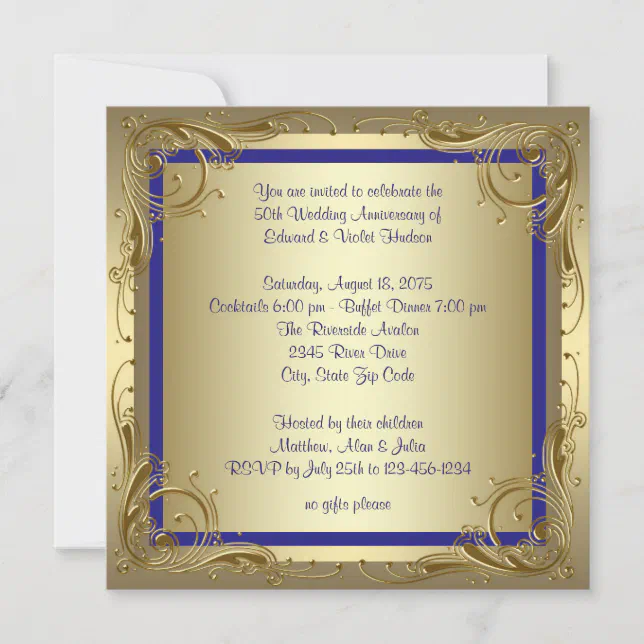 Royal Blue Gold 50th Wedding Anniversary Party Invitation 