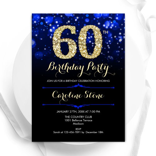 Royal Blue Gold 60th Birthday Invitation