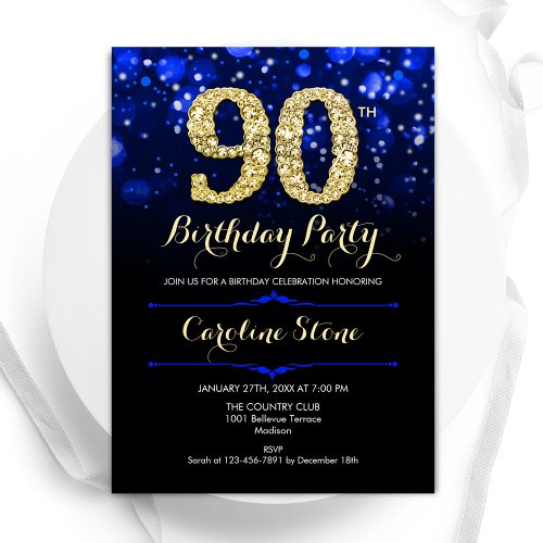 Royal Blue Gold 90th Birthday Invitation